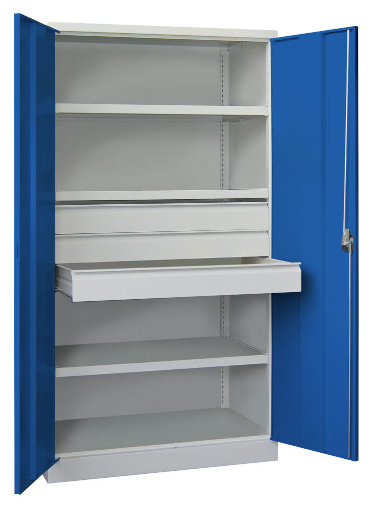 Schwerlastschrank 195 x 63 x 104, 3 Böden, Schublade, enzianblau
